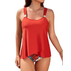 Nadeer Ensemble Tankini Maillot de Bain Femme 2 Pieces Gainant Ventre Plat avec Bas Taille Haute Imprim&eacute; &agrave; Volants Swimwear R&eacute;glable Maillot de Plag Beachwear Swimsuit(L'orange,M) (Likela, neuf)