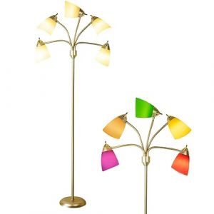 Depuley Lampadaire Medusa à 5 têtes multiples, Lampe sur pied LED moderne avec 5 abat-jour colorés, col de cygne ajustable pour chambre à coucher, salon, chambre d'enfant, doré, base E26 (Vance Europe, neuf)
