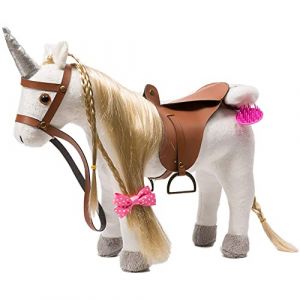BEJOY Jouet de cheval en peluche, cheval, combattant, avec selle, bride et chiffon en coton, cadeau pour filles et enfants, 28 cm, licorne blanche (BEJOY GLOBAL, neuf)