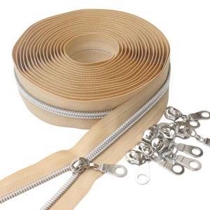 YaHoGa Fermeture éclair sans fin argentée de 9 m au mètre - Spirale de 6 mm + 25 fermetures éclair non bloquantes (Argent Brun) (YHga, neuf)