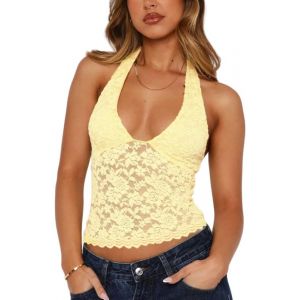 Sukiglam Débardeur Femme Ete Crop Top Chic Et Élégant Haut Dentelle Sexy sans Manches Haut à col Halter Y2k Camisole Doux Slim Fit Caraco Tops Dos Nu Chemisier Court en Dentelle Transparente (Sukiglam Store, neuf)
