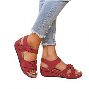 Azaz Sandales Femme Confortables Avec Boucle R&eacute;glable - Plates Respirantes &agrave; Semelles &Eacute;paisses Compens&eacute;es - Chaussures Mode &Eacute;t&eacute; (XUANDUO, neuf)