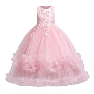 IWEMEK Enfants Filles Robe Mariage Tulle Dentelle Robe Princesse Longue Fleur Brod&eacute;e Soir&eacute;e Demoiselle d'honneur Robe Tutu sans Manches pour Pageant F&ecirc;te Anniversaire Carnaval Rose Volant 6-7 Ans (IWEMEK, neuf)