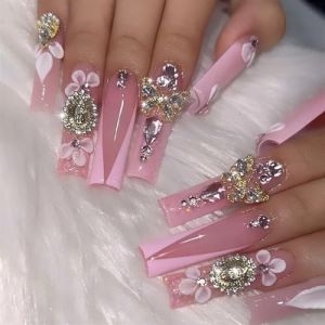 Faux ongles, ongles à presser Faux ongles longs en forme de cercueil avec colle, faux ongles marron portables avec strass, presse de Ballet, couverture complète(57) (zhangtingamz, neuf)