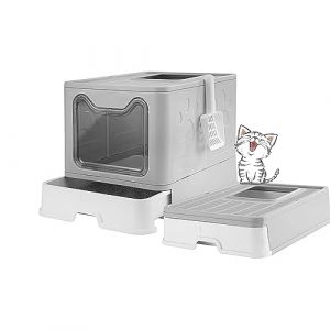 MINGYI Bac à Litière pour Chat Fermée, Grande Maison de Toilette Chat Pliable avec Couvercle, Tiroir à Litière avec Pelle, WC pour Chats, Jusqu'à 7 kg (Gris XL 51×41×38 cm) (XUASHW, neuf)