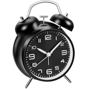 Réveil fort pour adultes dormeurs lourds, en métal de 10,2 cm, double cloche à piles pour décoration de chambre, silencieux, sans tic-tac (noir) (Azyh Direct, neuf)