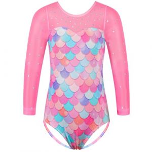 HUAANIUE Justaucorps Fille 3-14 Ans Maillot Gymnastique Manches Longues & Sans Manches Tissu Mesh Pailleté Extensible & Respirant Idéal Ballet Danse Entraînement (B397-Écailles Roses, 10-11 Ans) (HUANQIU EUR STORE, neuf)