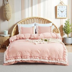 Sedefen Housse de Couette 220 x 240cm Rose Volants Romantique Parure de Lit 3 Pièces Bohémien Microfibre Parure de Lit Adulte avec Feuille de Lotus + 2 taie d'oreiller 65x65cm Avez Fermeture Éclair (ArvinBoutiques, neuf)