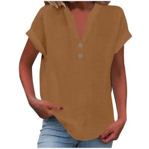 2025 Chemise Lin Femme Coton Et Lin Chemisier élégant à col en V Femme Manches Courtes Henley Chemisier Couleur Uni Tee Shirt été Haut Top Respirant T-Shirts Grande Taille Tunique Blouse Pas Cher (GMGM  (Économisez 50% sur 1 des 2 articles), neuf)