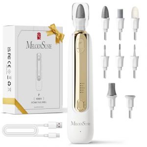MelodySusie Kit de Manucure et Pédicure Professionnel, PC760G Ensemble de Ponceuse Électrique 8-en-1 avec 5 Vitesses, Rechargeable et Sans Fil, avec Lumière LED à 360°, Blanc&Or (Squaremake, neuf)