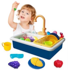 Jouets d'évier de Cuisine pour Enfants de 1 an,Cuisine pour Enfant avec Système d'eau Courante,Jeu de Nourriture et Jeu de Découpe pour Garçons et Filles de 3,4,5,6,7 Ans(Bleu) (Aomlarow Playtime, neuf)
