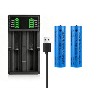 18650 Pile Chargeur avec 2 Pcs 3.7V 2200mAh Button Top Pile Rechargeables NiMH, 2 Sel USB Batterie Chargeurs pour 10440 14500 16340 18500 18650 21700 26650 Li-ION IMR INR ICR 3.7Volt Piles (Yzeriche, neuf)