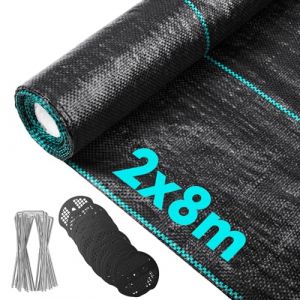 Vegamall 2x8M Toile de Paillage en 80g/m² Geotextile Anti Mauvaises Herbes Contre Les Mauvais Herbes Anti Repousse avec 30 Piquets d'ancrage et 30 Disques Tampons Inoxydables (EU-JINDISHENG, neuf)