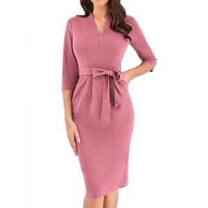 Grace Karin Robe de cocktail pour femme avec manches 3/4 &eacute;l&eacute;gante pour mariage, robe cintr&eacute;e avec ceinture et poches pour invit&eacute;e de mariage, rose clair, XXL (Cedar EU, neuf)