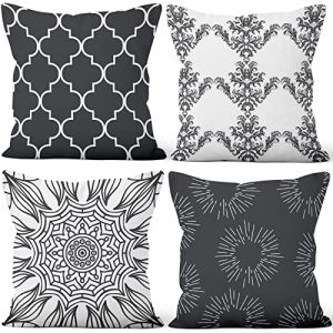 Aoihrraan Housses de Coussin Lot de 4, Motif Floral Damass&eacute; Boho Noir Et Blanc Doux Court Peluche Carr&eacute; Taie d'oreiller pour Sofa Canap&eacute; Chambre Auto Chaise Domicile D&eacute;cor 40x40cm (UiuiO, neuf)
