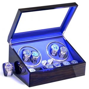 ANWBROAD Remontoir à Montre Ecrins pour Montres Automatiques pour 4 +6 Boîte à Remontoir de Rangement Supersilencieux Luxueux Watch Winder LED Légère 4 Modes de Rotation en fibre de carbone JWW002E (ANWBROAD, neuf)