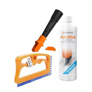FUGINATOR® Trio avec brosse à joints orange/bleu, adaptateur UE et nettoyant pour joints 250 ml – Nettoyage des joints debout pour carrelage, WC, salle de bain, etc. Convient pour les joints en (CS-Webkontor, neuf)