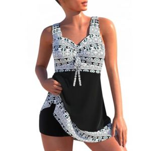 Minetom Maillot de Bain Robe Tankini Amincissant Push Up Bikini à Jupette Tankini Ensembles Maillots Set Beachwear 2 Pieces E Blanc M (Mon Bon Coup FR, neuf)