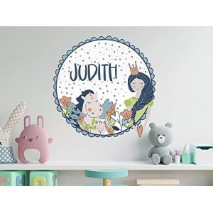 Sticker chambre enfant, sticker pr&eacute;nom personnalis&eacute;, princesse, fleurs, licorne, pois, rond, chambre fille, chambre b&eacute;b&eacute;, sticker porte, non toxique, violet 40x40cm (Graz Design, neuf)