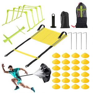 Agility Ladder Kit d'entraînement- Entrainement Foot Ensemble Agile, 1 Échelle de Rythme, 24Cones de Sport,1 Parachute à résistance,1 parachute de résistance,5 haies réglables,1 Sac de Transport (JUANQYIA, neuf)