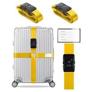 Veki Ensemble de Sangle de Bagage Croisées Approuvées TSA avec Verrou Ceintures de Valise de Voyage Réglables avec Carte d'identification et Sangles de Rangement pour Valises (Jaune, 2 pièce) (Agenan, neuf)