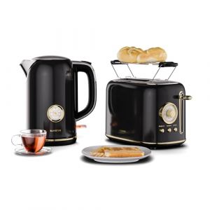 Klarstein Set Petit-D&eacute;jeuner Victoria Essential - Grille-Pain 2 Fentes 7 Niveaux, Support &agrave; Petits Pains, Plateau Ramasse-Miettes, Bouilloire &Eacute;lectrique 1,7L Filtre Anti-Calcaire, Arr&ecirc;t Auto, Noir (Klarstein France, neuf)