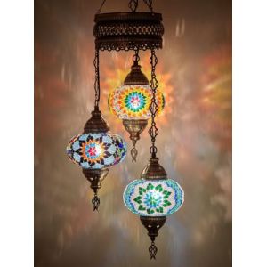 DEMMEX Lustre Turc en Verre Mosaïque – Suspension Orientale à 3 Boules, Verre Fait Main Ø18 cm, Luminaires Artisanaux pour Salon, Chambre ou Entrée (Personnalisable) (DEMMEXUK, neuf)