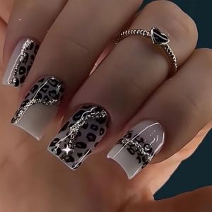 Couverture compl&egrave;te d'hiver &agrave; coller sur imprim&eacute; l&eacute;opard gris, faux carr&eacute; court artificiel pour femme, ongles artificiels d'hiver, imprim&eacute; l&eacute;opard gris, faux paillettes &agrave; presser (JUNLIFUSHI, neuf)