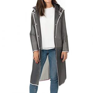 PERLETTI Imperm&eacute;able Homme Femme Transparent D&eacute;tails R&eacute;fl&eacute;chissants - Poncho Pluie Long Capuche et Boutons - Veste Pluie Coupe Vent Etui Etanche - Anorak R&eacute;utilisable L&eacute;ger (Gris Bordure Blanche, S) (PERLETTI, neuf)