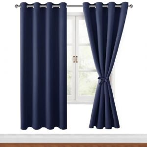 Hiasan Rideau Occultant avec Embrasses, Rideau Thermique Isolant Anti Froid et Chaleur, pour Chambre Salon Anti Bruit &agrave; &oelig;illets, 2 Pieces, 140 x 200 cm (Largeur x Hauteur), Bleu Fonc&eacute; (Hiasan, neuf)