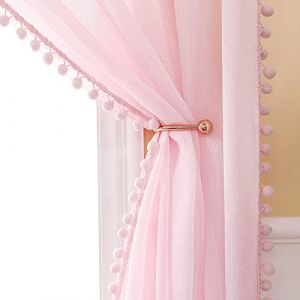 MIULEE Rideau Voilage à Pompons-Voilage Rose a Oeillets Lot de 2 (2XL140 x H 160 cm), Beaux Rideaux Décoratif Chambre Bebe Fille, Voilage Fenetre Intérieurs Salon, Rideau avec Boule Peluche (MIULEE HOME, neuf)