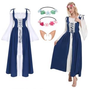 HZVRTN Robe m&eacute;di&eacute;vale femme, v&ecirc;tements de la Renaissance victorienne, v&ecirc;tements m&eacute;di&eacute;vaux pour femme avec maroquinerie et oreilles d'elfe (bleu, S) (DIEDAIUS, neuf)