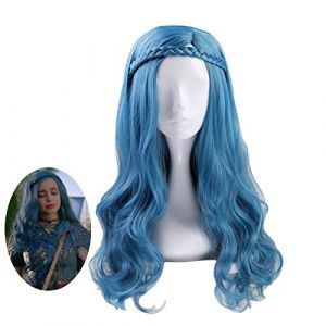 Descendants 2 EVIE Cabelo Wigs partie latérale Bleu Bleu long Long Wavy Wavy résistant aux cheveux synthétiques Perruques + casquette de perruque (Muchenjiamaoyidian, neuf)