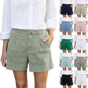 Short chino d'&eacute;t&eacute; d&eacute;contract&eacute; en lin pour femme, bermuda taille haute, short habill&eacute; &agrave; jambe large avec poches, Taille L (Haoxinkjshop, neuf)