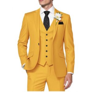 HUUTOE Costume 3 pi&egrave;ces pour homme - Coupe ajust&eacute;e - Robe de bal - Blazer d'&eacute;t&eacute; - Veste gilet et pantalon - Smoking, jaune, Tailee XS (PENGYUYANXIAODIAN, neuf)