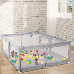 Parc Bébé 10 Mois à 6 Ans,Démontable Lavable parc enfant en Tissu Oxford Grand Parc pour bebe Intérieur et Extérieur Air de jeux bebe Parc de jeux bébé pour la sécurité -1,5 * 1,5 cm-(gris) (Hechheu, neuf)