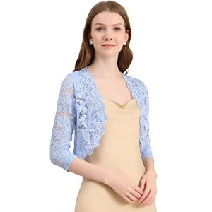 Allegra K Bol&eacute;ro Femme &Eacute;l&eacute;gant en Dentelle Floral &agrave; 3/4 Manches Cardigan Transparent &agrave; Haussement d'&Eacute;paule Bol&eacute;ro pour Mariage et F&ecirc;te Gilet Court L&eacute;ger Devant Ouvert Bleu Clair S (Weisser Berg, neuf)