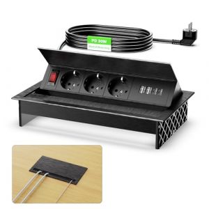 Multiprise Encastrable 2 USB C PD 30W, Aluminium Prise Encastrable Plan de Travail avec Interrupteur, Bloc Prise Escamotable pour Cuisines Bureaux Salle de R&eacute;union, 1.8M C&acirc;ble, Noir (YILONGEU, neuf)