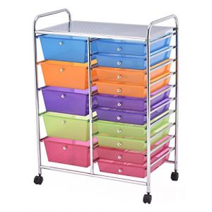 COSTWAY Tour de Rangement, Desserte à roulettes avec 15 Tiroirs Multicolores, Conception Stable et Solide, 4 roulettes Universelles 2 avec Freins, Idéal pour Salon, Cuisine, Salle de Bain etc. (FDS GmbH, neuf)