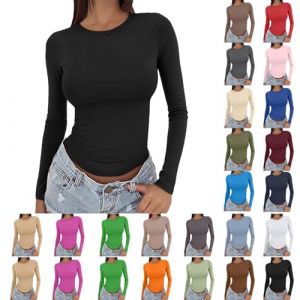Lot de 1 t-Shirts &agrave; Manches Longues pour Femme - en Coton - Maillot de Corps pour Femme - Col Rond - Classique - Coupe ajust&eacute;e - Couleur Unie - Pull Tunique - sous-v&ecirc;tements Thermiques - Haut en (Wen007S, neuf)