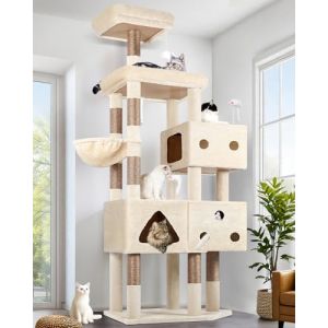 Globlazer Arbre a Chat Beige XXL 207 cm avec 3 Dr&ocirc;le Grand Niches 45 * 35cm, Grande Plateforme, Perchoir, Panier, 8 Tige de sisal, Stabilit&eacute; Arbres &agrave; Chats pour 4-5 Gros Chats Int&eacute;rieur (F81, Beige) (Globlazer For Your Pet, neuf)