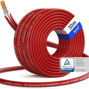 hb-digital 30m Câble solaire 6mm² Photovoltaïque H1Z2Z2-K - Certifié TÜV Rheinland - Résistant aux UV Flexible 1500V Cable PV pour Panneau solaire Régulateurs de charge Onduleurs - Rouge (HB-DIGITAL, neuf)