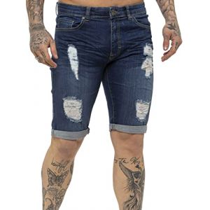 989Zé ENZO Short en Jean Stretch Slim fit pour Homme, Jean troué, Pantalon à Trous cassés avec Fermeture éclair EZS383 Bleu 42 (RAW DENIM, neuf)