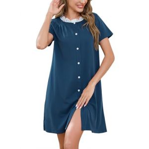Litherday Chemise de Nuit Femme en Coton Robe de Nuit &agrave; Manches Courtes V&ecirc;tement de Nuit avec Col Rond Maternit&eacute; Robe de Nuit avec Boutons Devant Poches Dentelle Confort V&ecirc;tement Doux d'Int&eacute;rieur (YUNQU-EU, neuf)