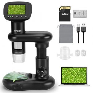 WADEO Microscope numérique Portable avec écran LCD 2", Microscope Portable 1000x pour Enfants avec 8 lumières LED, Microscope numérique Portable avec conteneur d'objets et Base, USB vers PC avec cart (Madera UK, neuf)