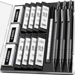 Four Candies Lot de 480 porte-mines en métal de 0,5 mm avec étui, 8 tubes (480 pièces), mines HB, 3 gommes, 9 recharges de gomme, ingénieur, écriture, dessin, noir (Four Candies, neuf)