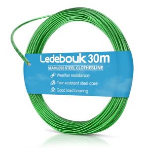 Ledebouk Corde à Linge 30m, Corde a Linge Exterieur, Fil à Linge avec Câble en Acier, Maximale de 120 kg, Revêtement en PVC, Résistante aux intempéries, pour Etendage Jardin, Camping (Vert) (Ledebouk Store, neuf)