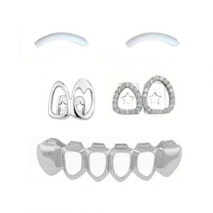 SSyang Grills Dentaires, Hip Hop Teeth Grills Faux Punk 18K Hip Hop Dents, Haut en Bas Dents Grillz Halloween Festival Musique Party Hip Hop Rapper D&eacute;coration,Argent,C&ocirc;t&eacute;s Briquet&eacute;s &agrave; Double Coupe (luou, neuf)
