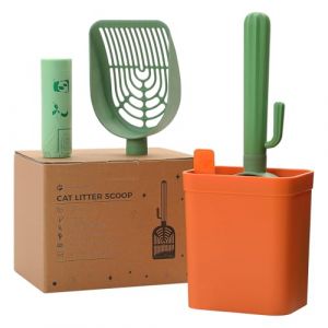 PAWZ Road Pelle &agrave; liti&egrave;re pour chat cactus avec support &ndash; 2 t&ecirc;tes de pelle en plastique biod&eacute;gradable et poign&eacute;e et bo&icirc;te en ABS durable &ndash; Pelle pour chat de qualit&eacute; sup&eacute;rieure avec 1 rouleau de sac (Johnson SY, neuf)