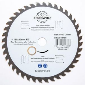 Eisenwolf Lame de scie circulaire 185 x 20 mm entièrement trempée et tendue, durable et résistante, pour bois, avec 40 dents TCT inclinées et découpes laser pour réduire le bruit (Eisenwolf, neuf)